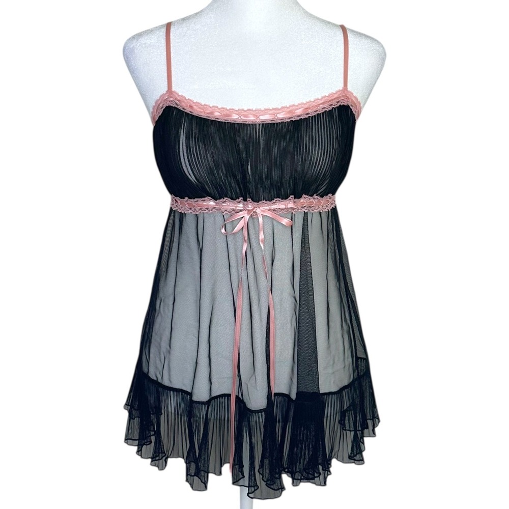 Victoria Secret Vintage Babydoll Chemise Black Pink Lace Mesh Sheer XS Lingerie